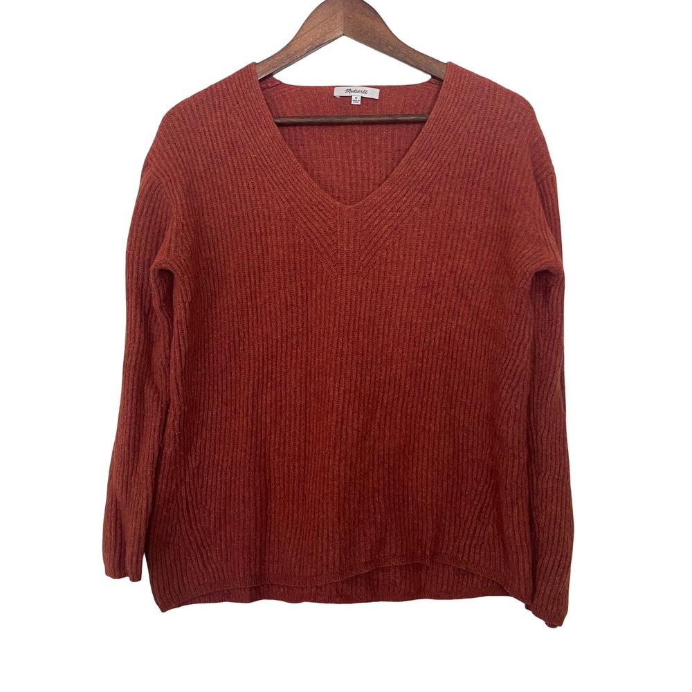 Madewell Ribbed V-Neck Women Sweater M Burnt Orange Wool Blend Pullover